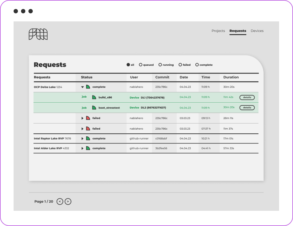 Preview screen of the requests overview in the application.